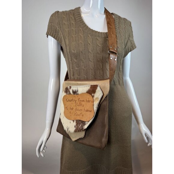 Leather & Cowhide Shoulder Bag With Rustic Country Engraving On Flap For Western - Picture 13 of 16